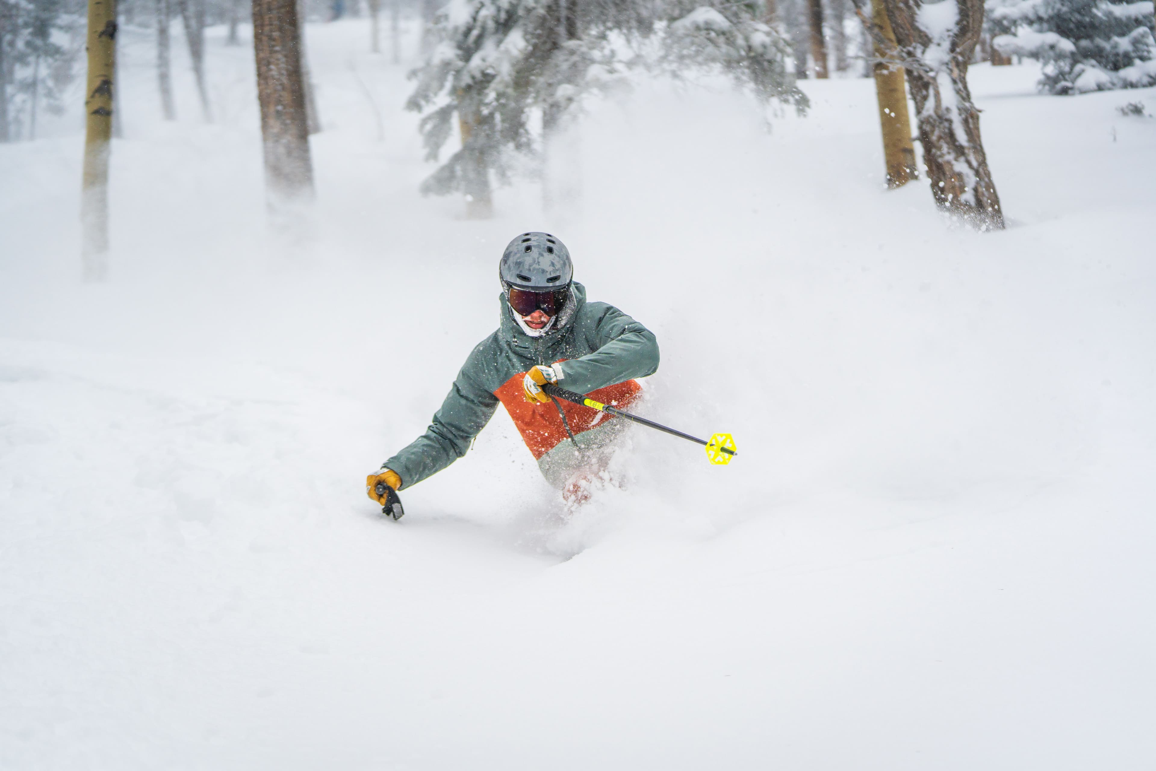 Skier turning through deep powder and trees at TAOS Ski Valley