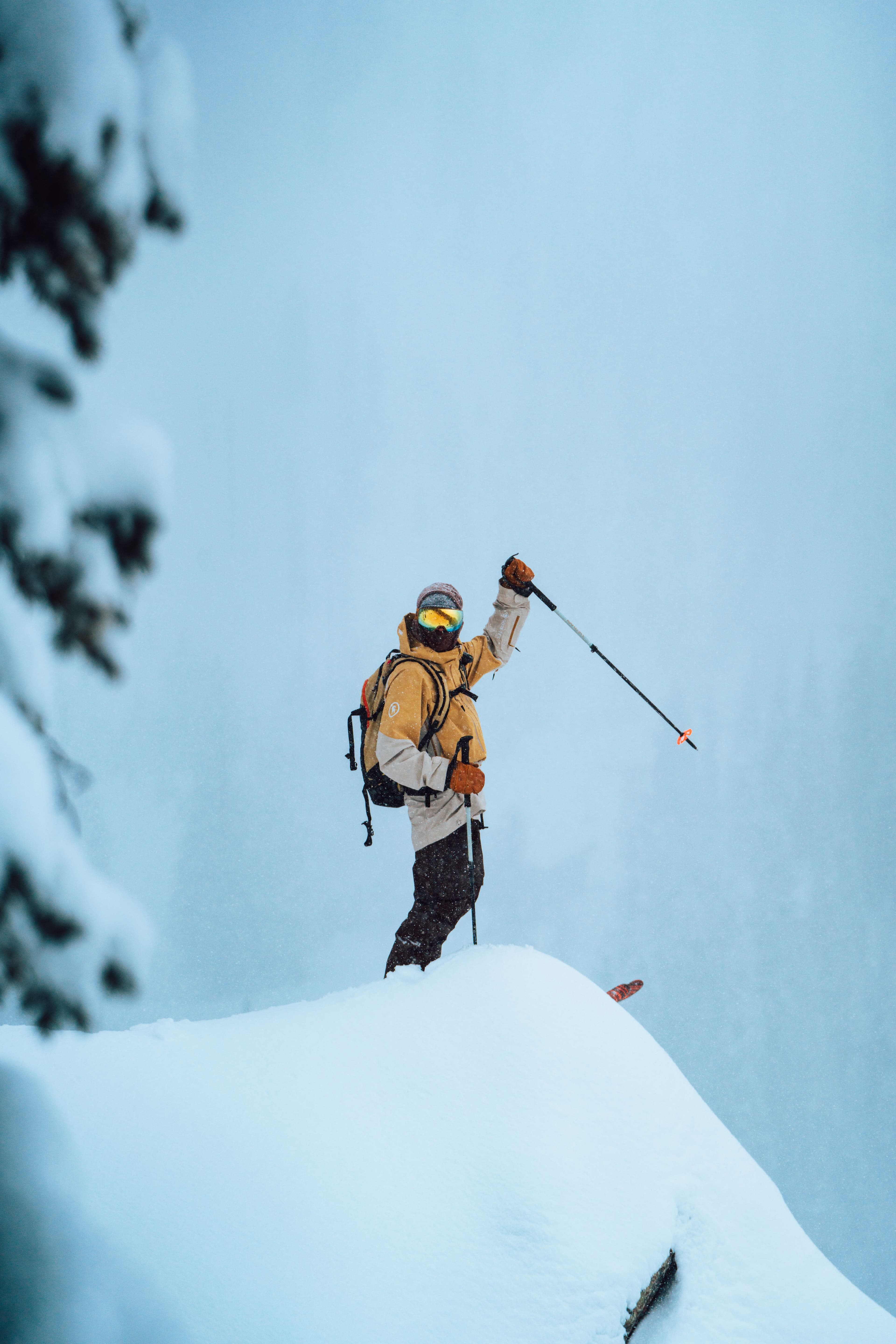 Skier raises arm and pole in joy at the top of a run at Taos Ski Valley