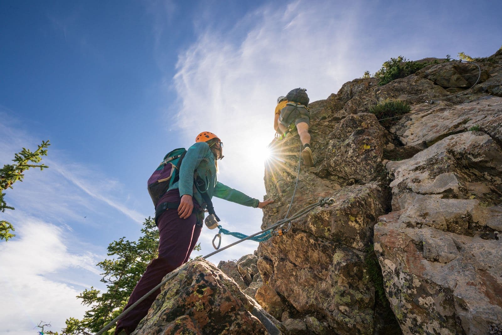 One person climbing on the Via Ferrata at Taos Ski Valley.