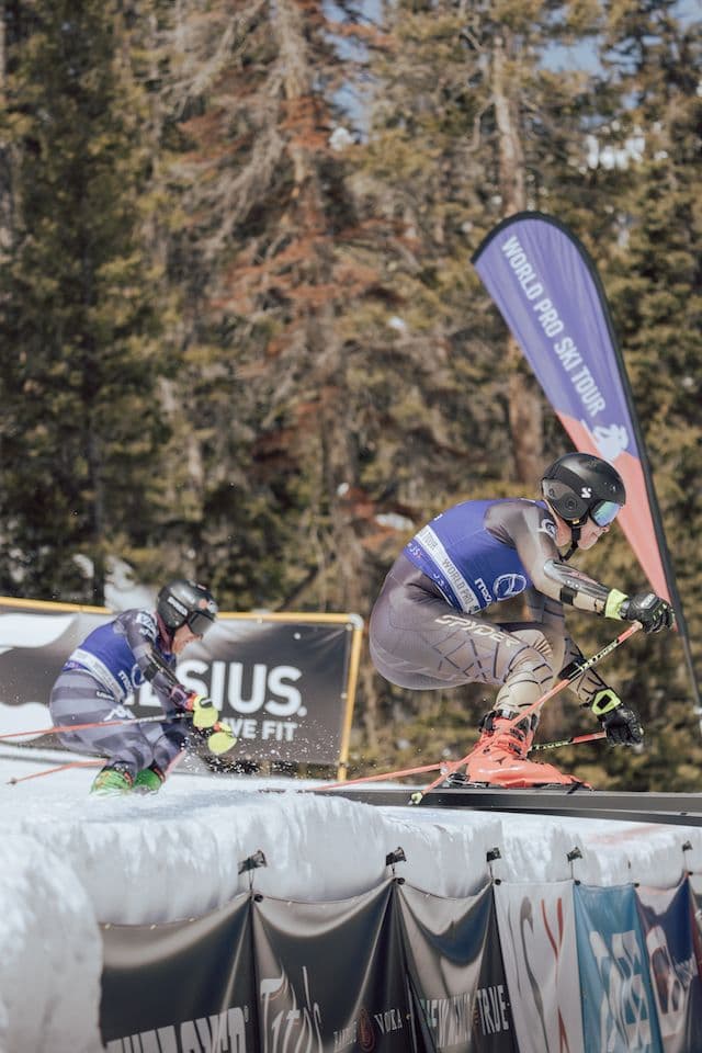One ski racer competing at the World Pro Ski Tour in Taos Ski Valley