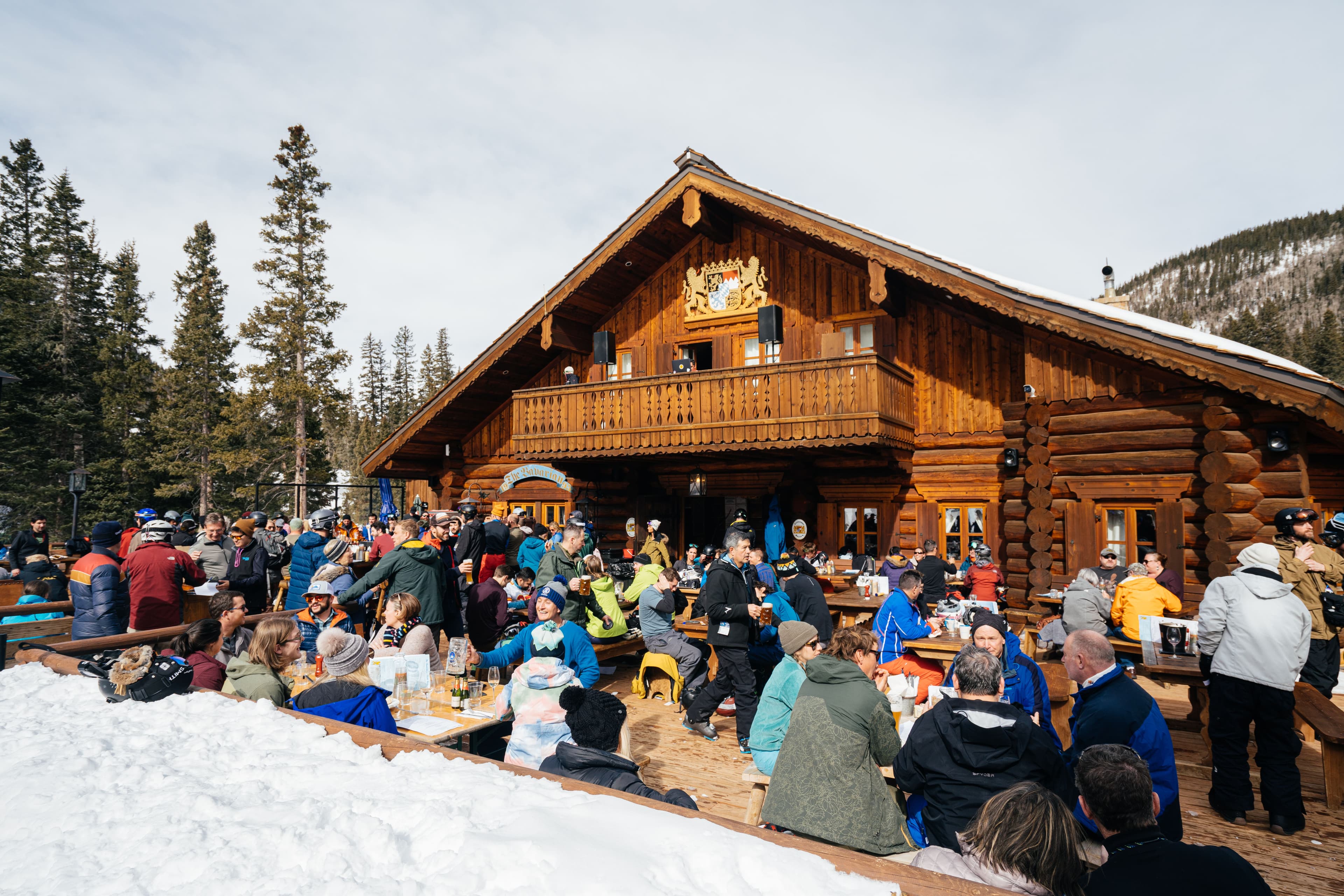 The Bavarian restaurant bustling with patrons on a winter day