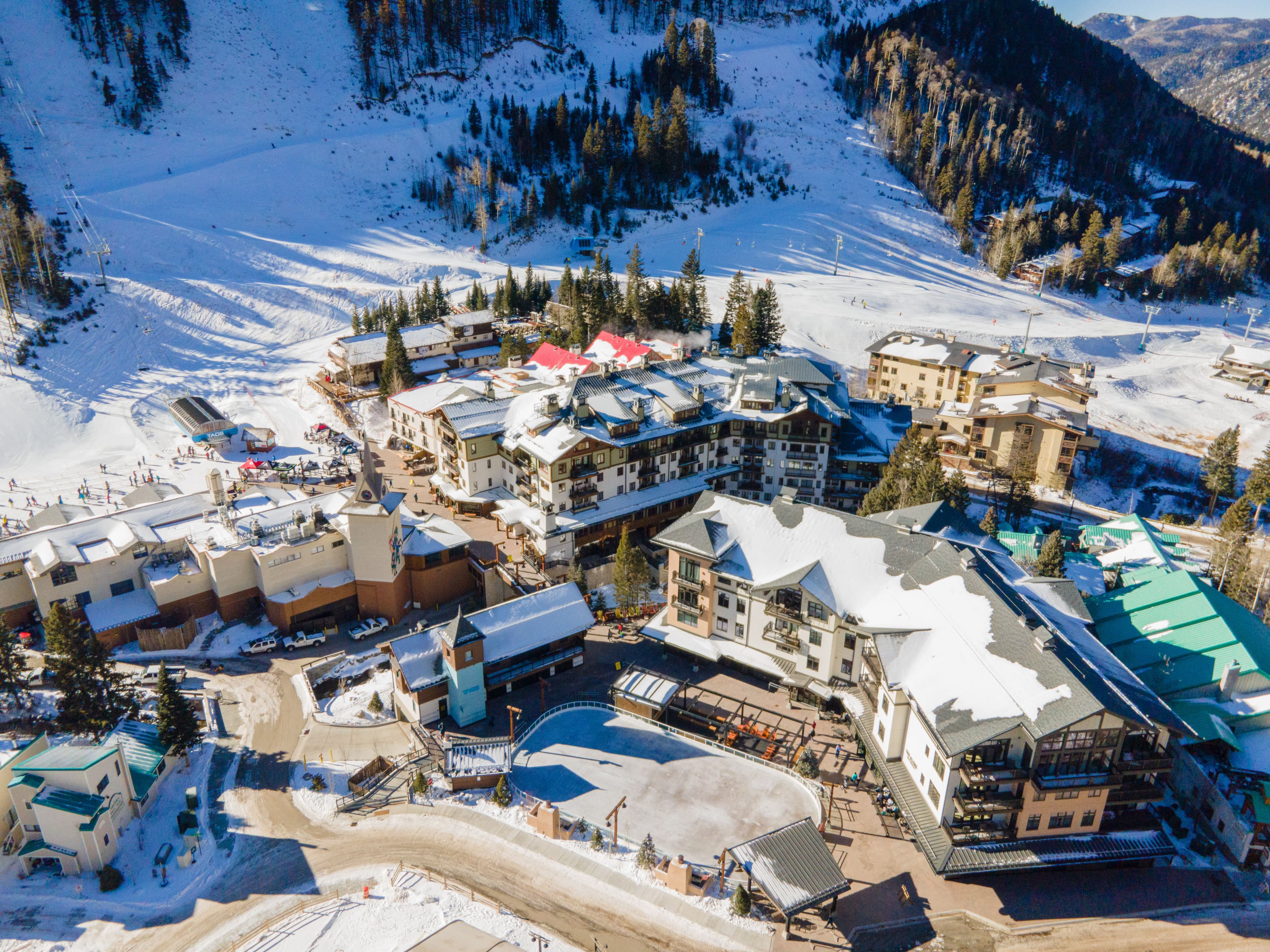 An aerial view of the plaza at Taos Ski Valley.