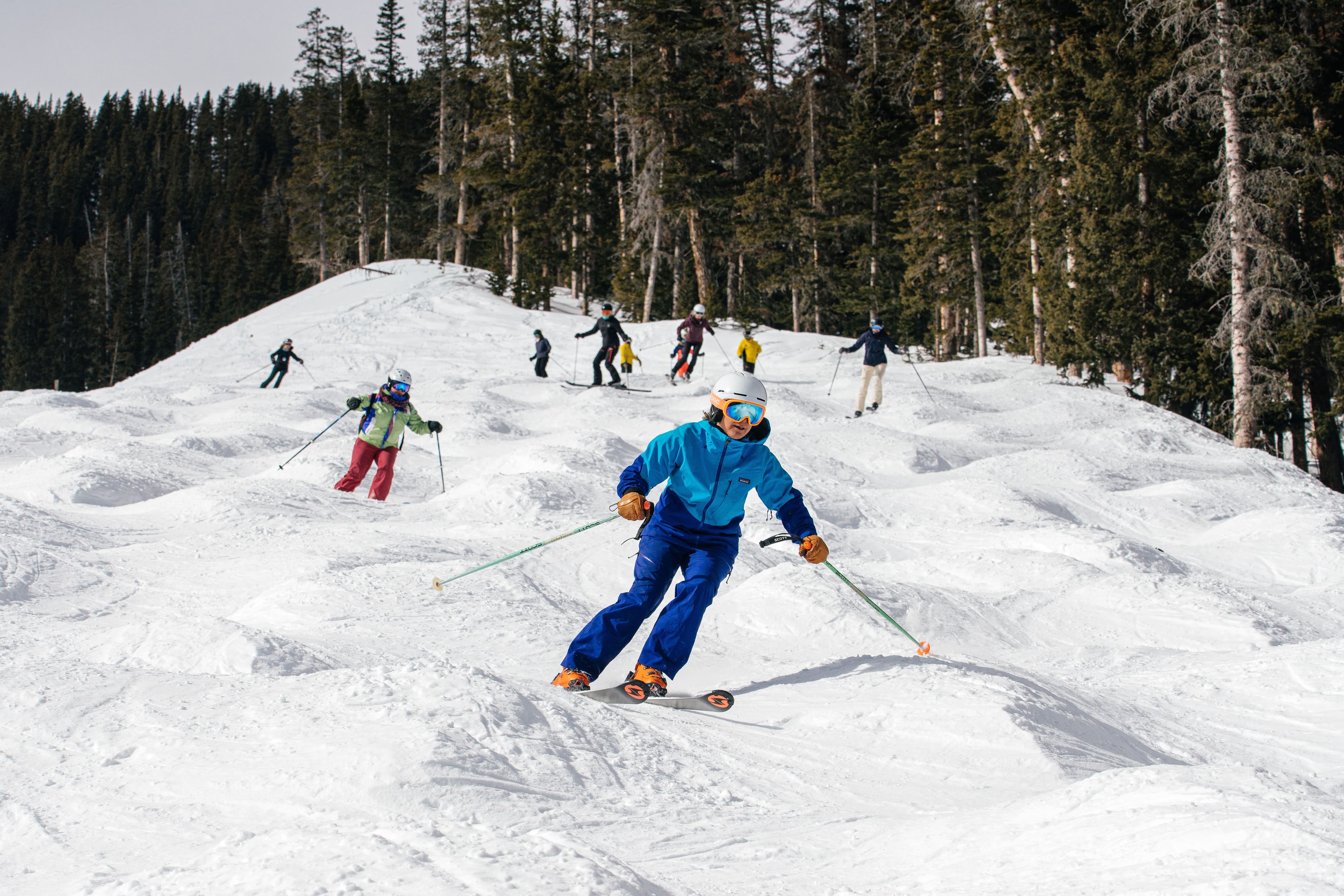 Deb Armstrong turns down a mogul run at Taos Ski Valley.