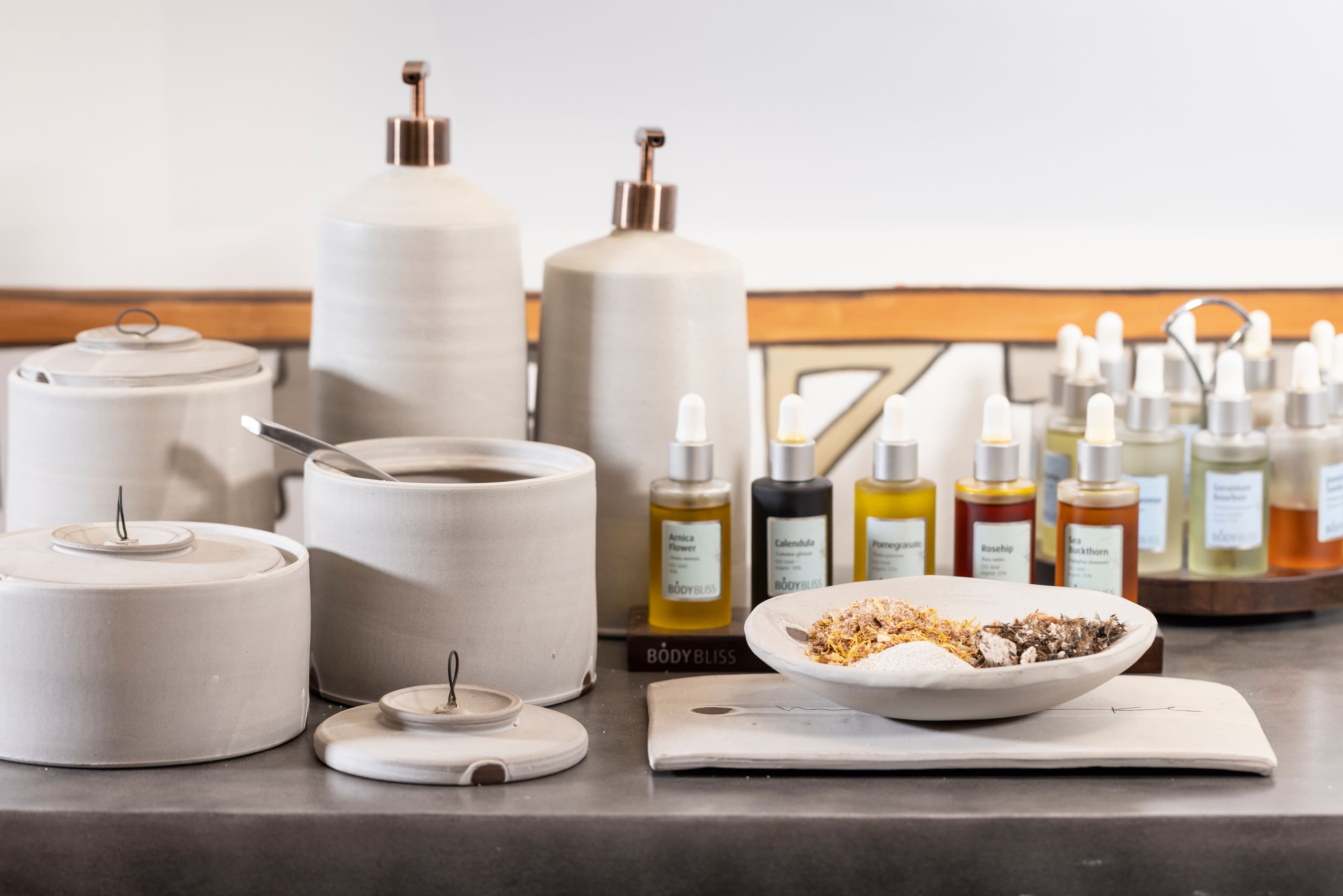 Assortment of aromatherapy and scrub treatments at The Blake.