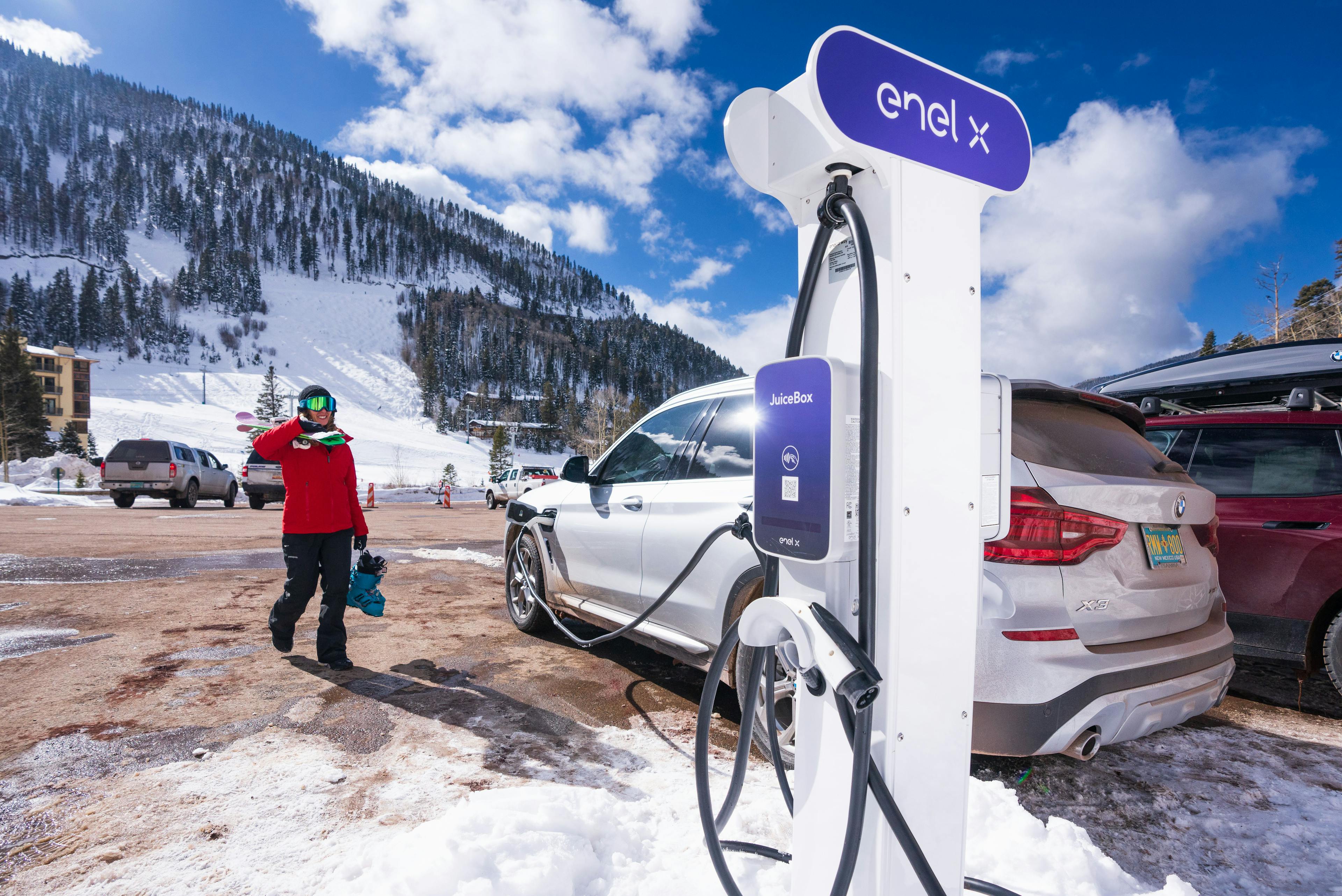 A car charging on an Enel X charger in Taos Ski Valley.