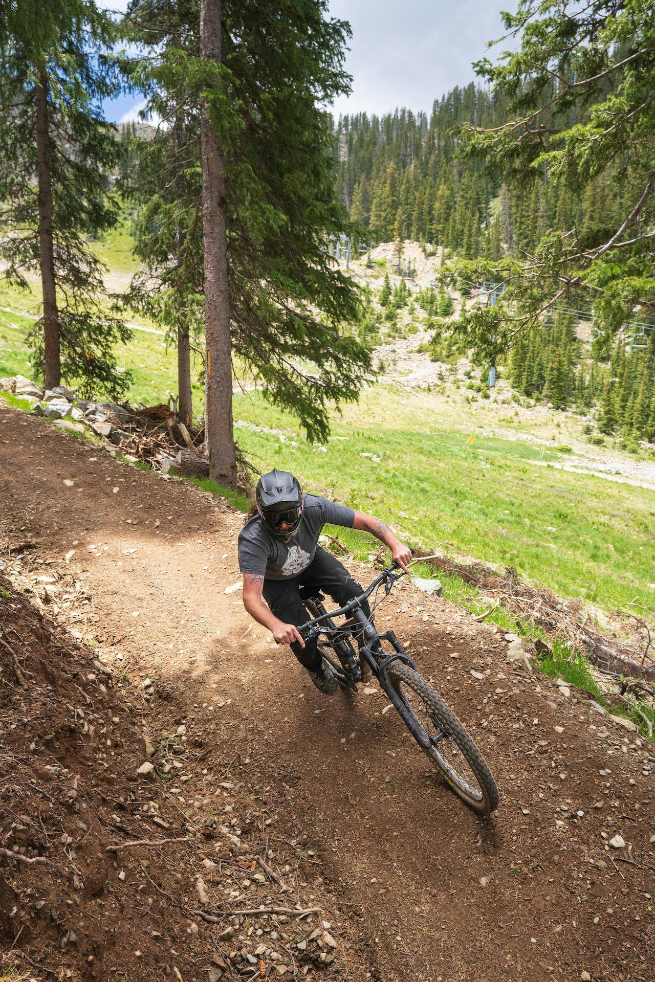 Mountain biker turns a sharp corner