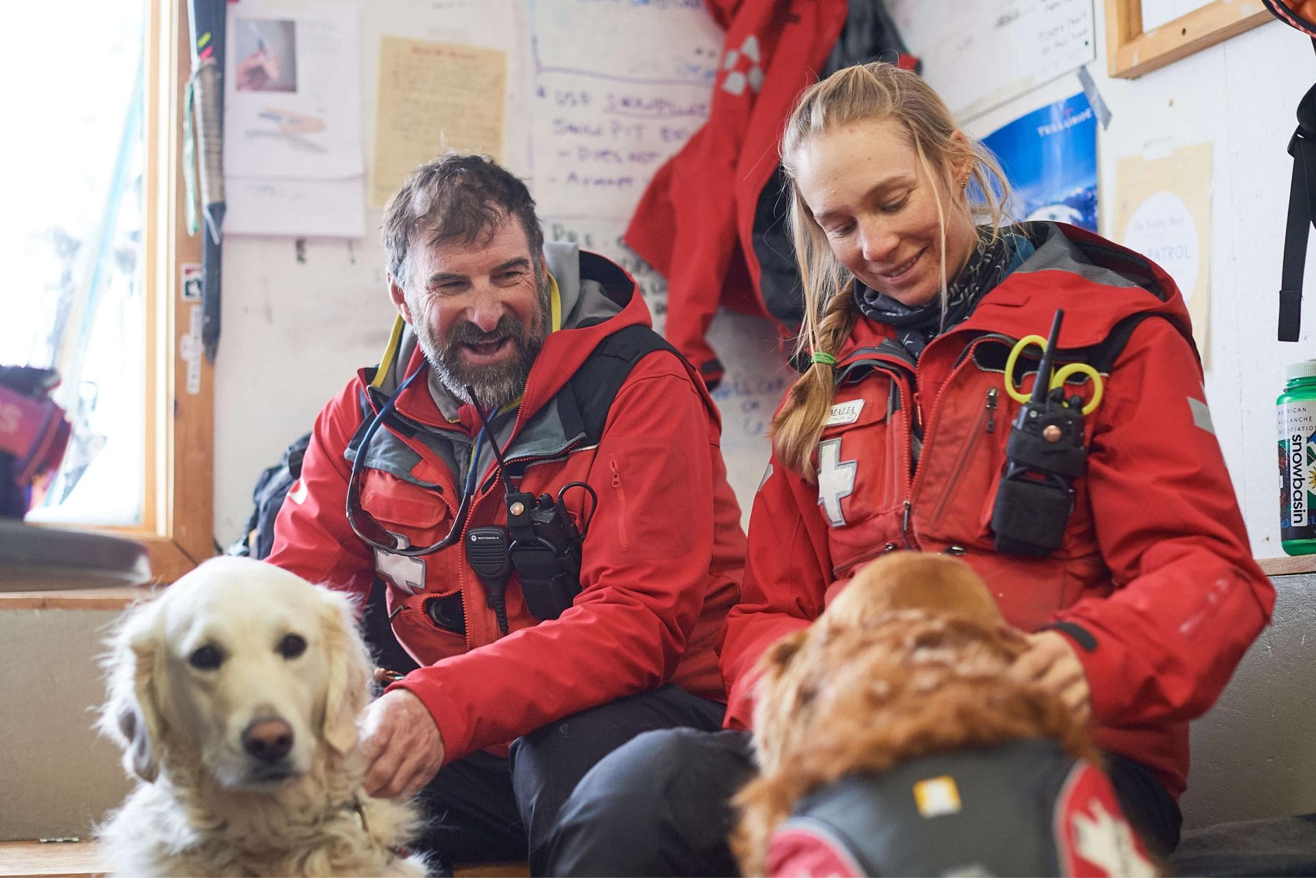 Ski patrol with dogs.