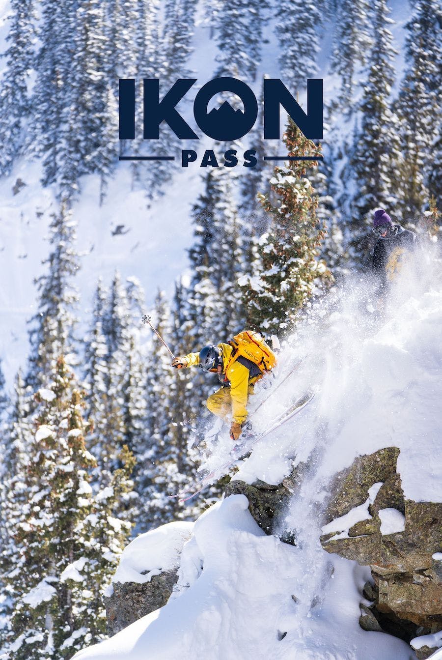 Ikon Pass logo with skier hucking a clif in the background