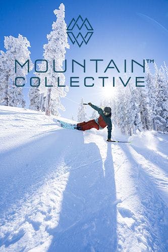 Mountain Collective logo with a skier turning down a steep run in the background